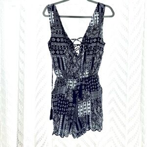 Chic Navy and White Geometric Romper